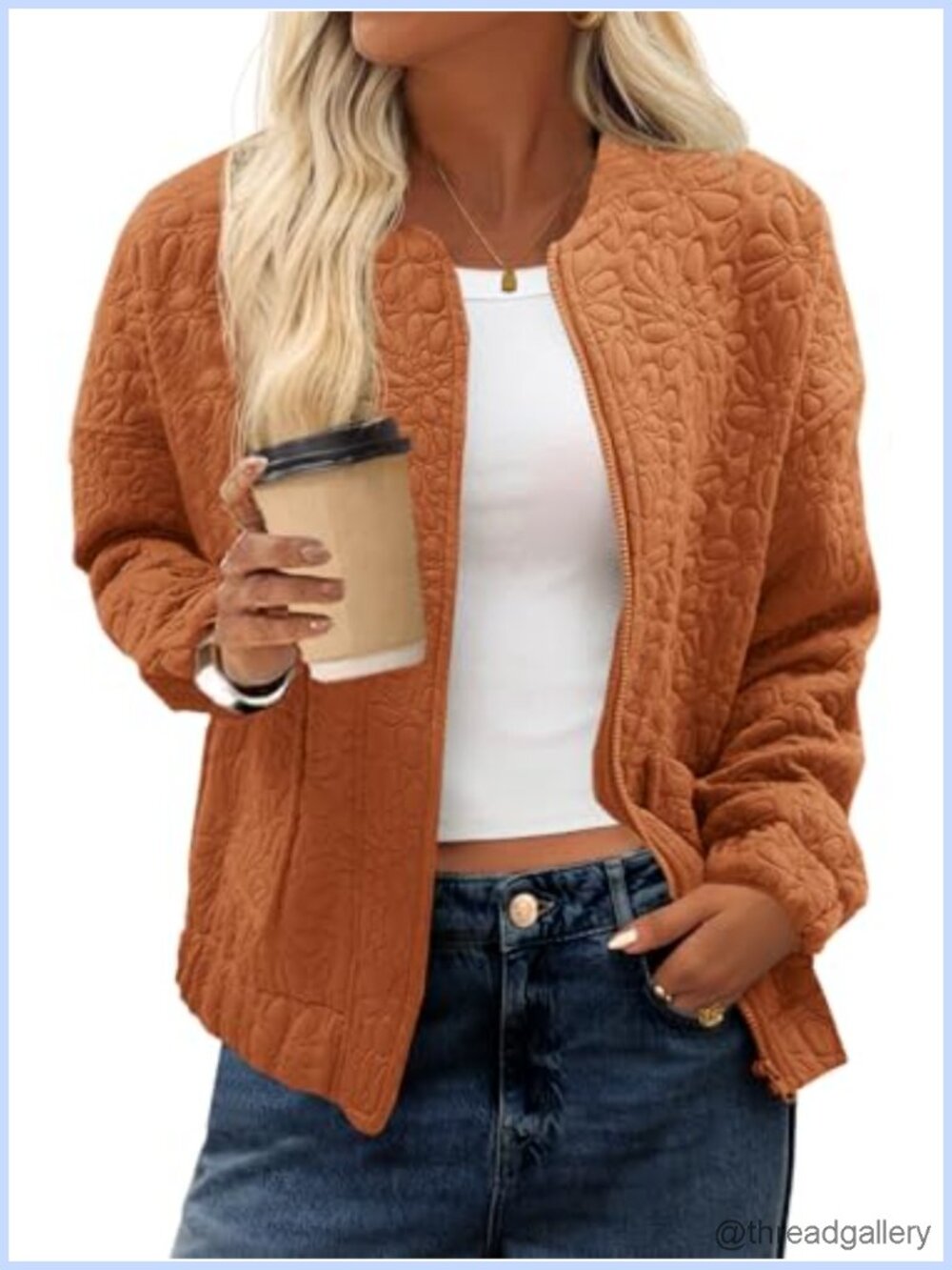 Women's Zip Up Jacquard Bomber Jacket Lightweight Casual Coat
